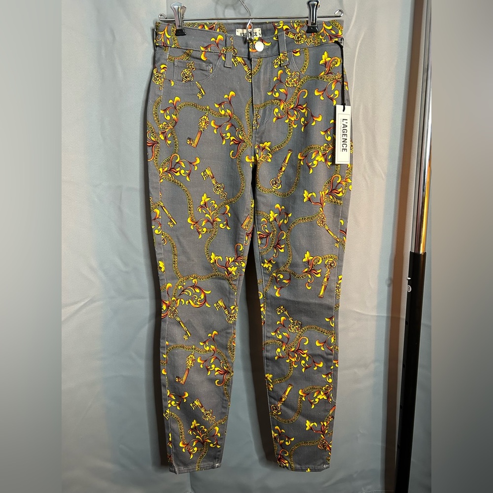 NWT L’Agence 25 Margot High Rise Ankle Skinny Jeans Key Chain Print Gray Grey